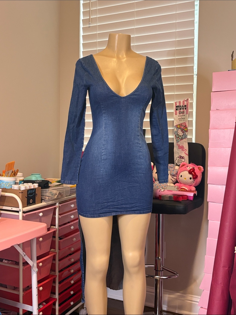 Deep V Long-Sleeve Denim Bodycon Mini Dress - Blue